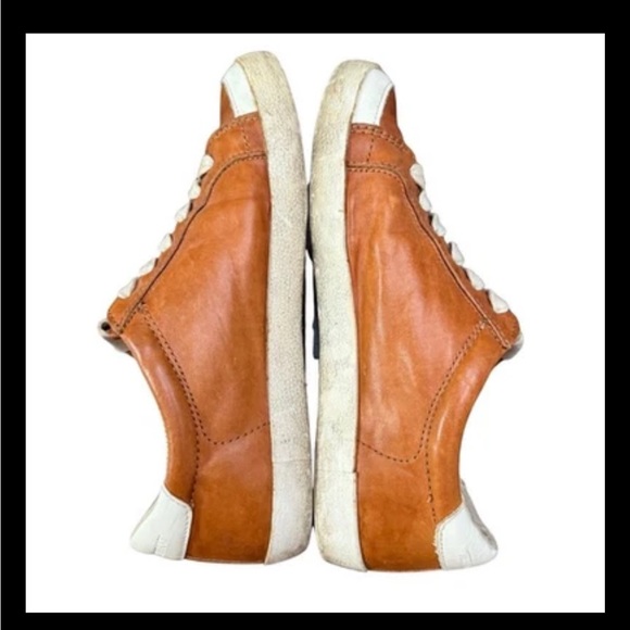 Frye Women’s Leather Low Top Sneakers 6.5M Tan Brown Logo Distressed Casual Shoe - Picture 8 of 11